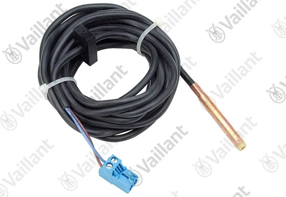 Vaillant Temperatursensor mit Kabel und Stecker, geeignet für verschiedene Modelle. Der Sensor endet in einem kupferfarbenen Element.